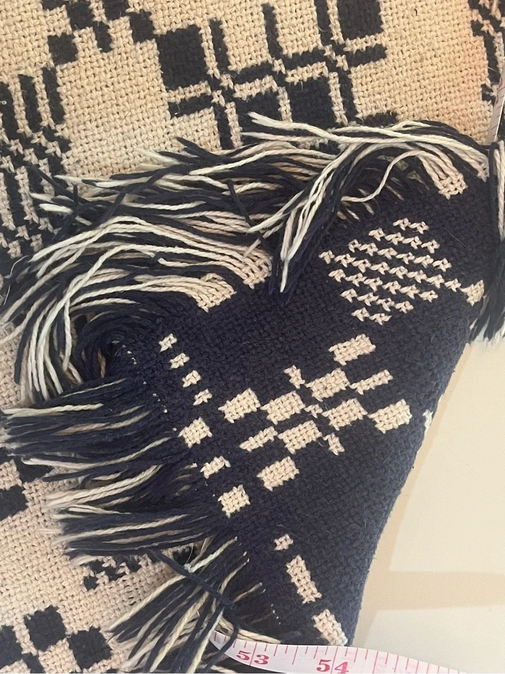Antique Jacquard Woven Fringe Double Weave Coverlet in Colonial American Pattern